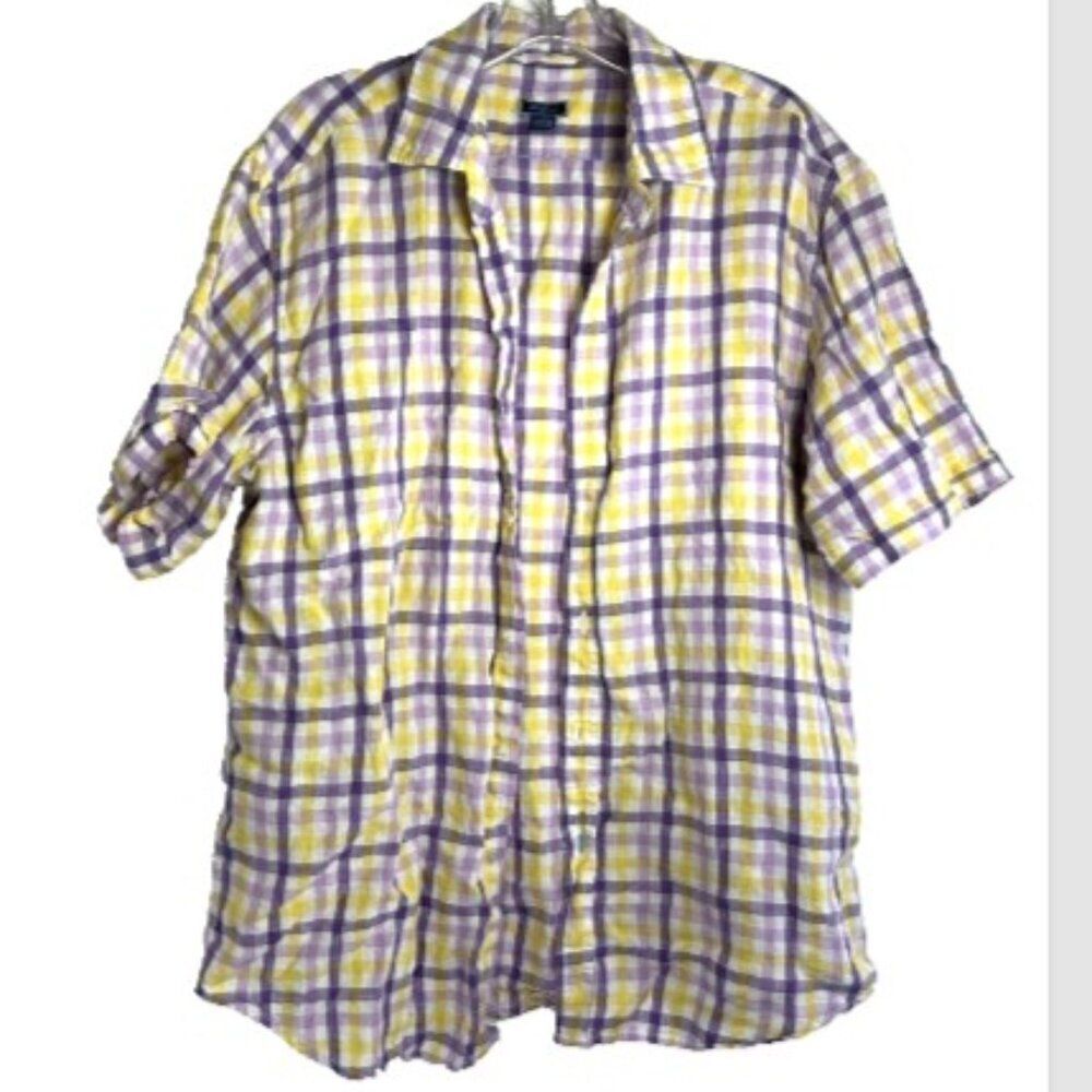 Tom James mens button linen shirt large purple white yellow plaid check gingham